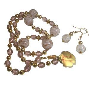 Murano Italian Venetian Pink Aventurine Glass Bead Necklace & Earrings